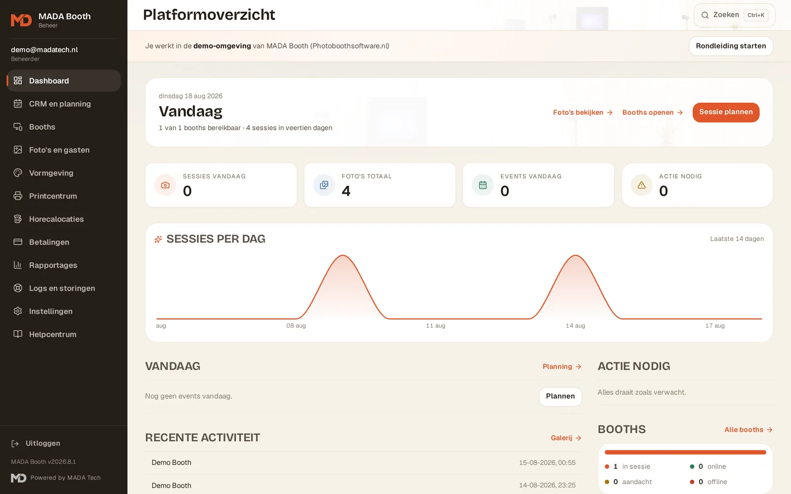 Beheeromgeving met sessies, omzet en boothstatus