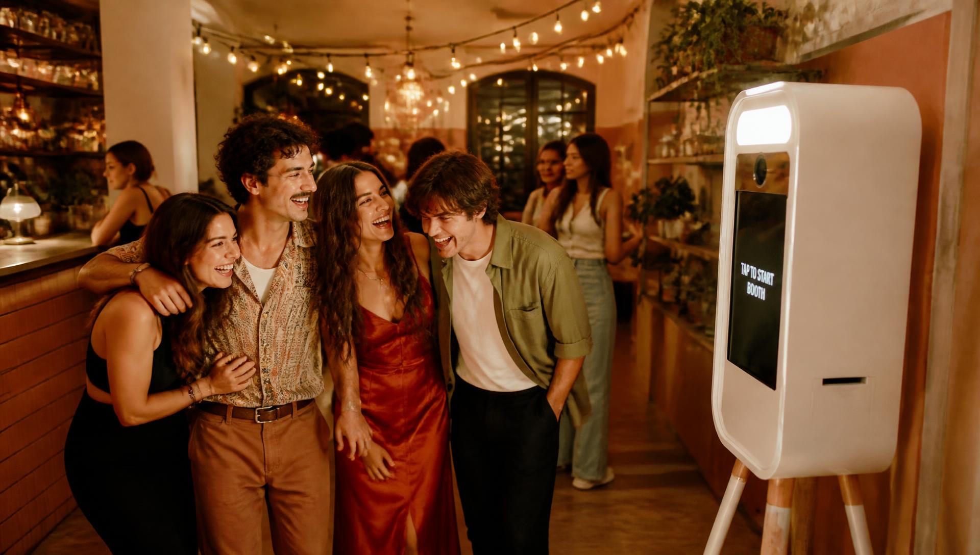 Gasten poseren voor een photobooth op een feest